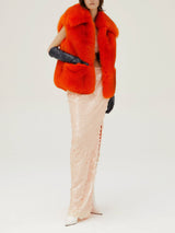 Oversized Orange Fox Fur Vest Front Pockets.