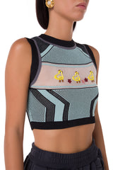 Chu Cropped Top with Mesh and Embroidery
