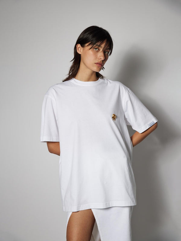 White Oversized Tee Shirt Embroidered
