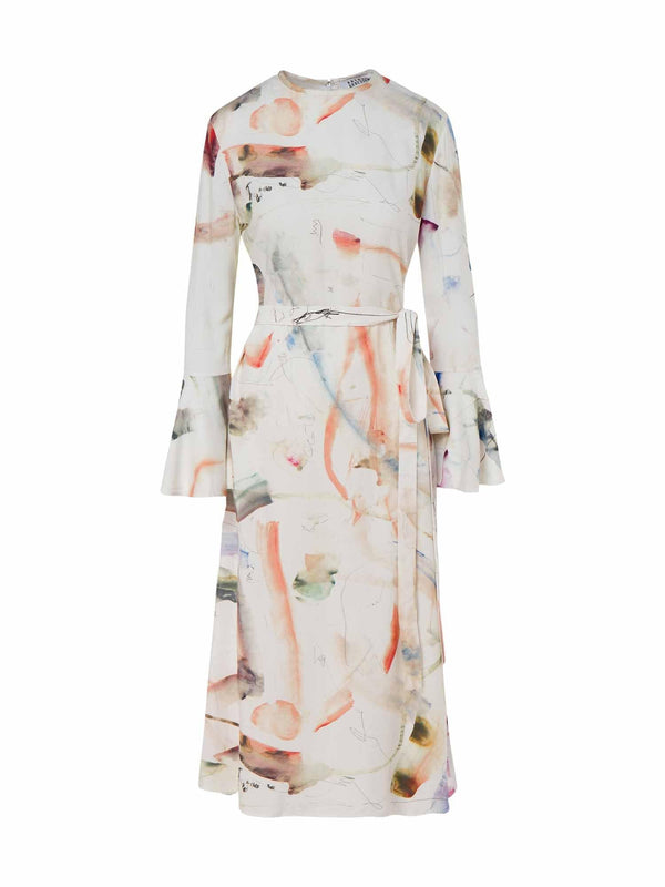 Water Colour Print Flared Sleeve Midi Dress - Speakthestore