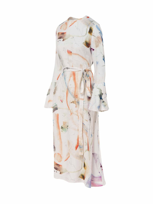 Water Colour Print Flared Sleeve Midi Dress - Speakthestore