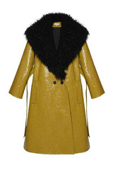 CROC-EMBOSSED FAUX FUR-TRIMMED VEGAN LEATHER COAT