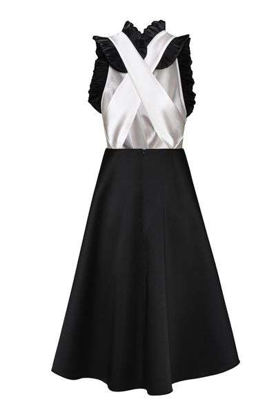 RUFFLE - TRIMMED COLOR BLOCK MIDI DRESS