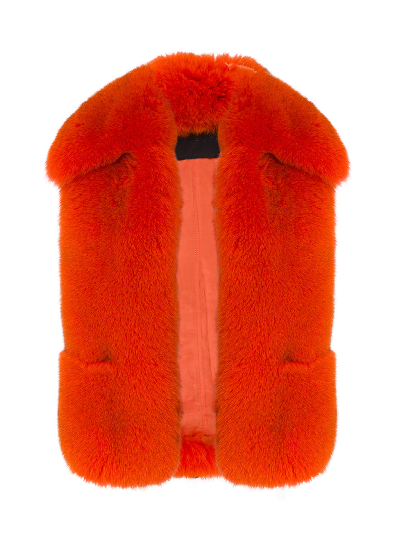 Oversized Orange Fox Fur Vest Front Pockets.