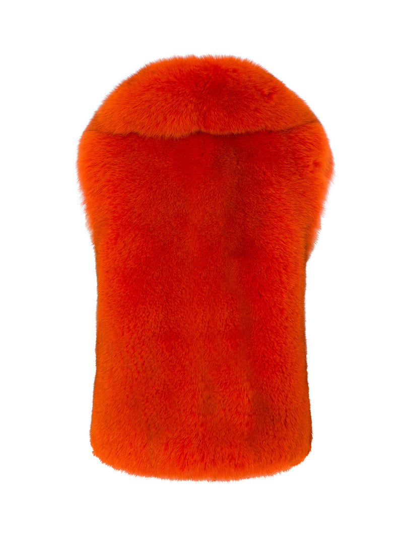 Oversized Orange Fox Fur Vest Front Pockets.