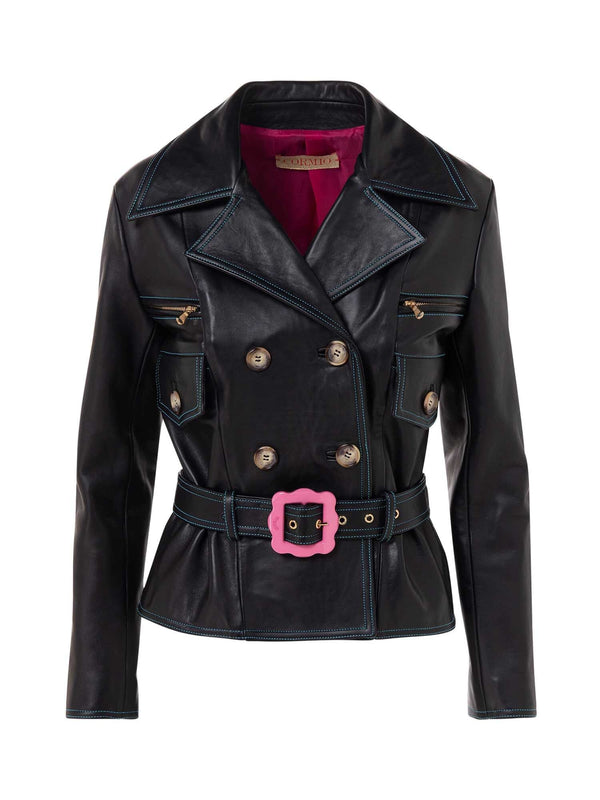 Fitted Leather Jacket With Belt And Front Pockets - Speakthestore