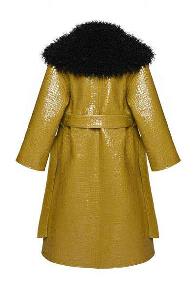 CROC-EMBOSSED FAUX FUR-TRIMMED VEGAN LEATHER COAT